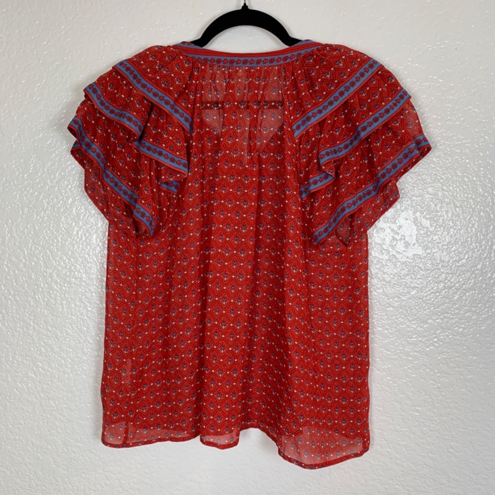 Ulla Johnson Silk Ruffle Top Blouse Womens Size 2 Red Floral Tassel Tie Sheer - Picture 13 of 14